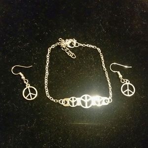Silver plated peace sign bracelet & earrings set